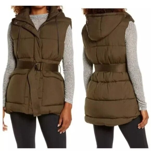 Zella Women's Brown Belted Hooded Puffer Vest Size S Insulated Pockets Belt Tan - Picture 3 of 16
